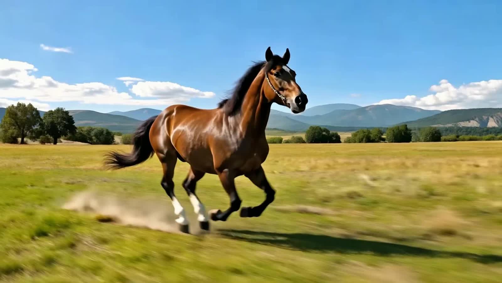 A realistic-style horse gallops, then the video changes the style to a pencil drawing