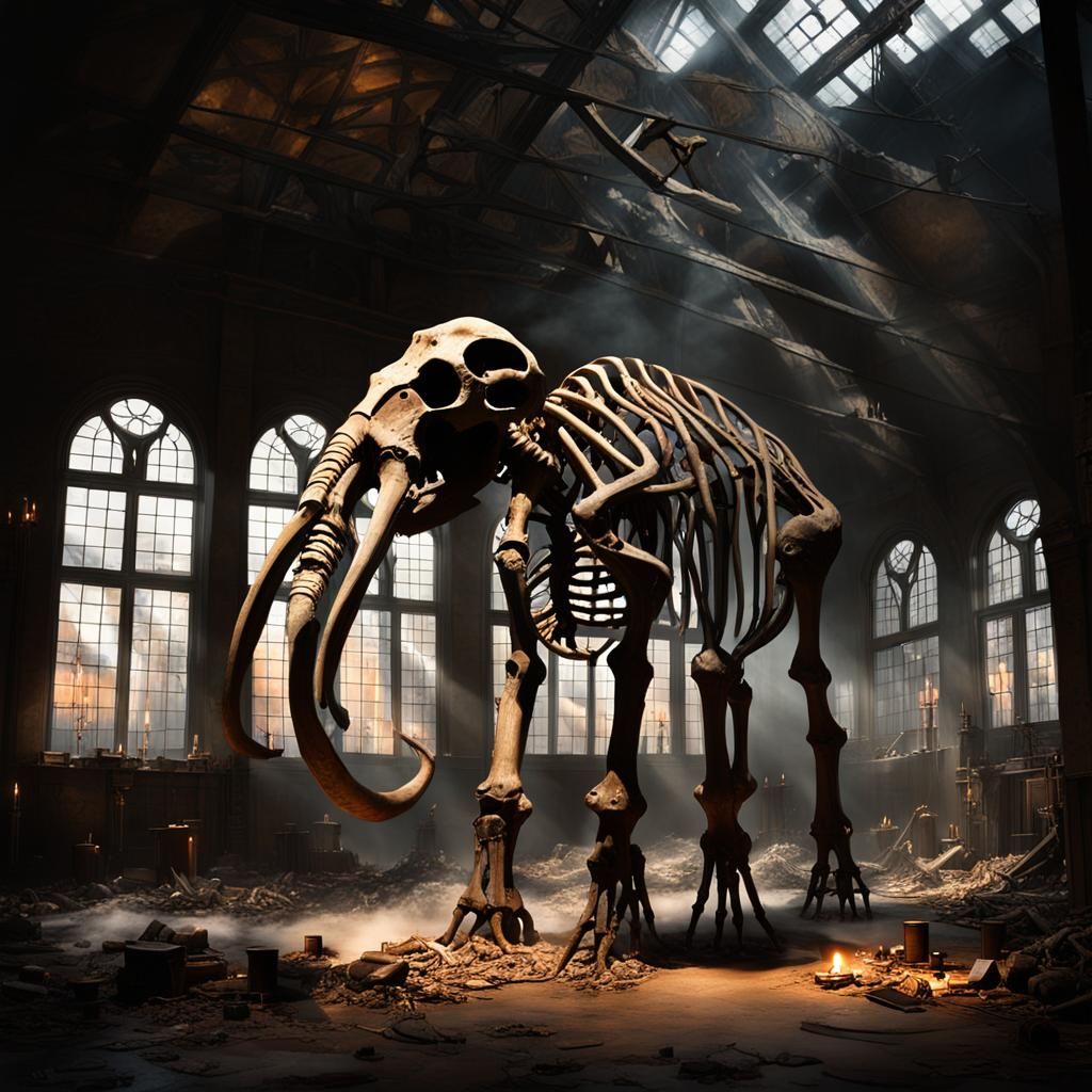 giant mastodon skeleton. smoke. fog. giant mastodon skeleton...