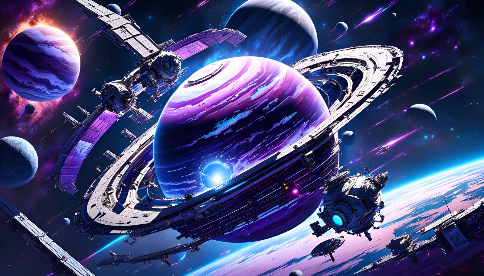 a bright purple ringed planet in the darkness of space, orbiting a blue ...