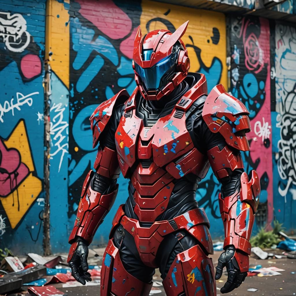 a mysterious character clad in red futuristic armor, standin...