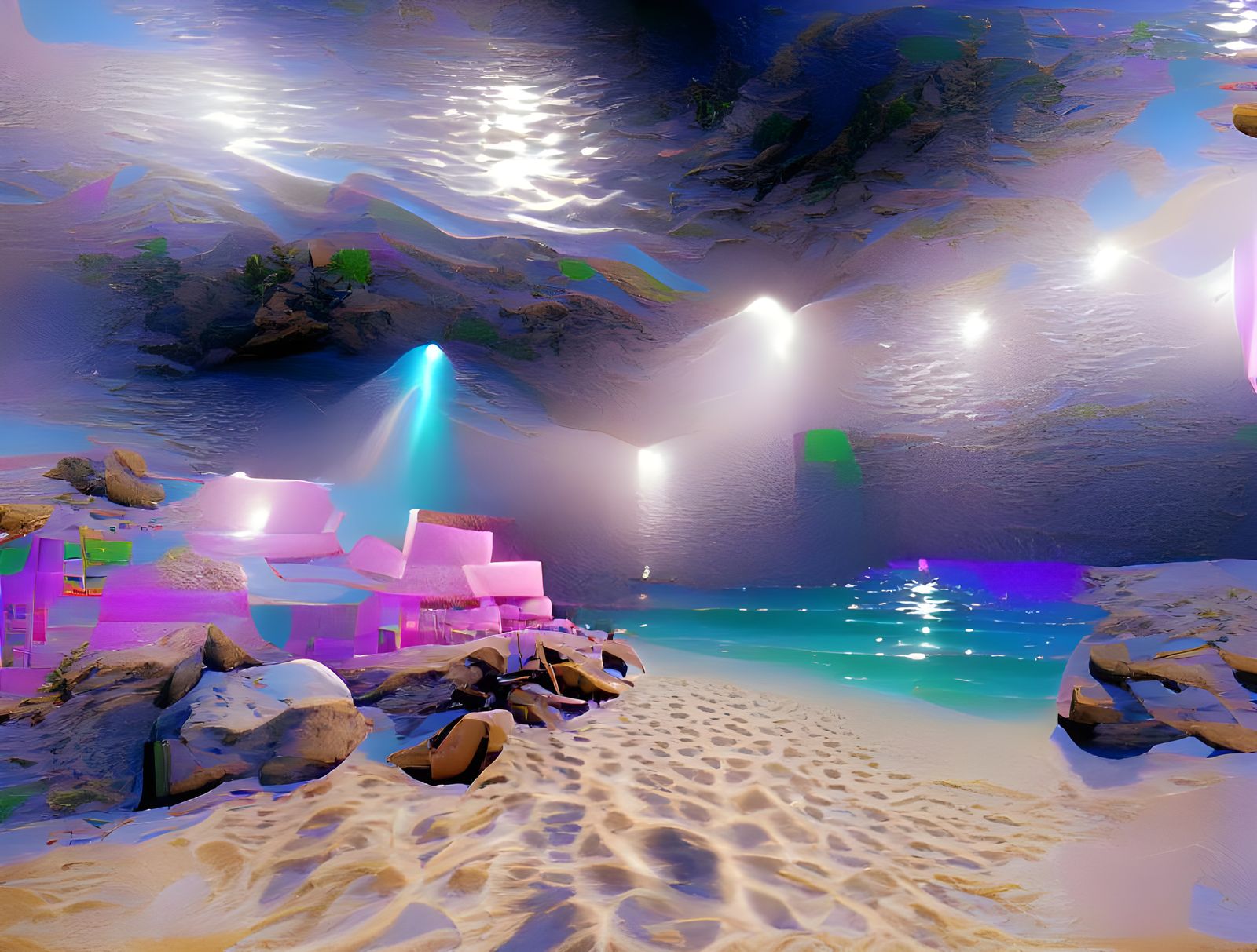 Vaporwave beach with holographic ocean - AI Generated Artwork ...