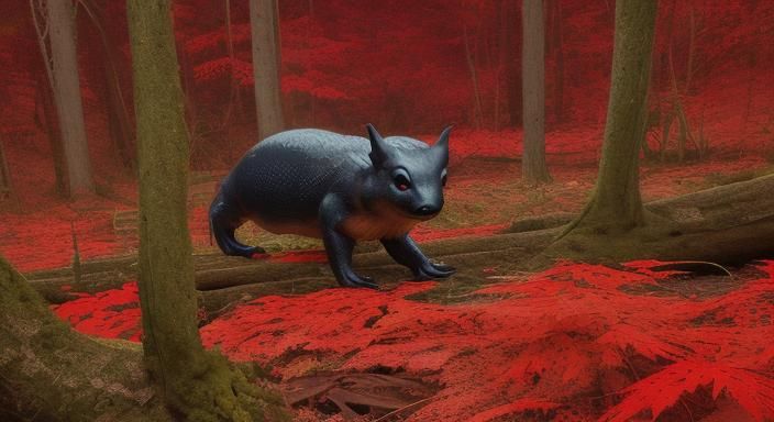 Ambystoma maculatum upon a log FOREST SCENE BLOOD MOON RED A...