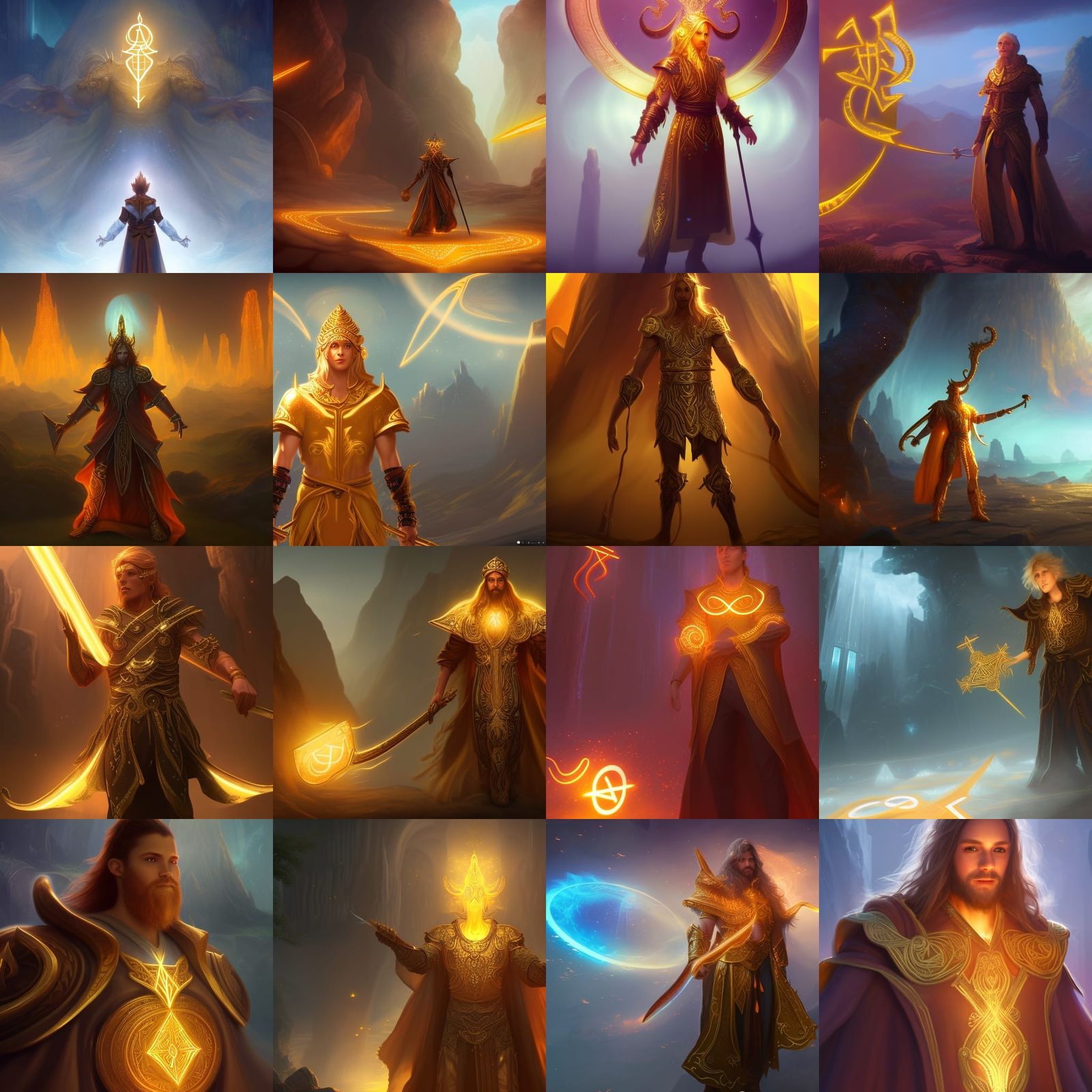 Man with a golden aura, glowing runes and a white mage tunic