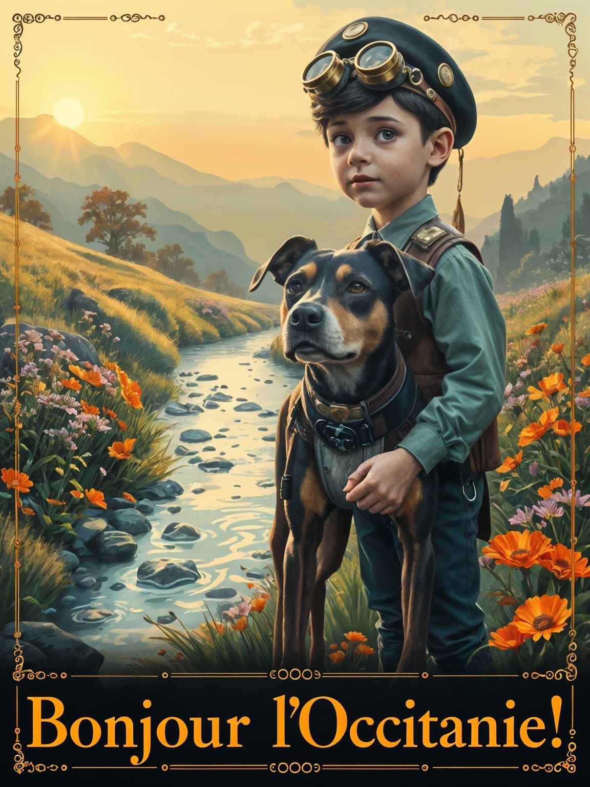 Retro vintage poster: Steampunk boy and his dog near to a small spring flowing through a flowering meadow, ...  by @Maris Sverns