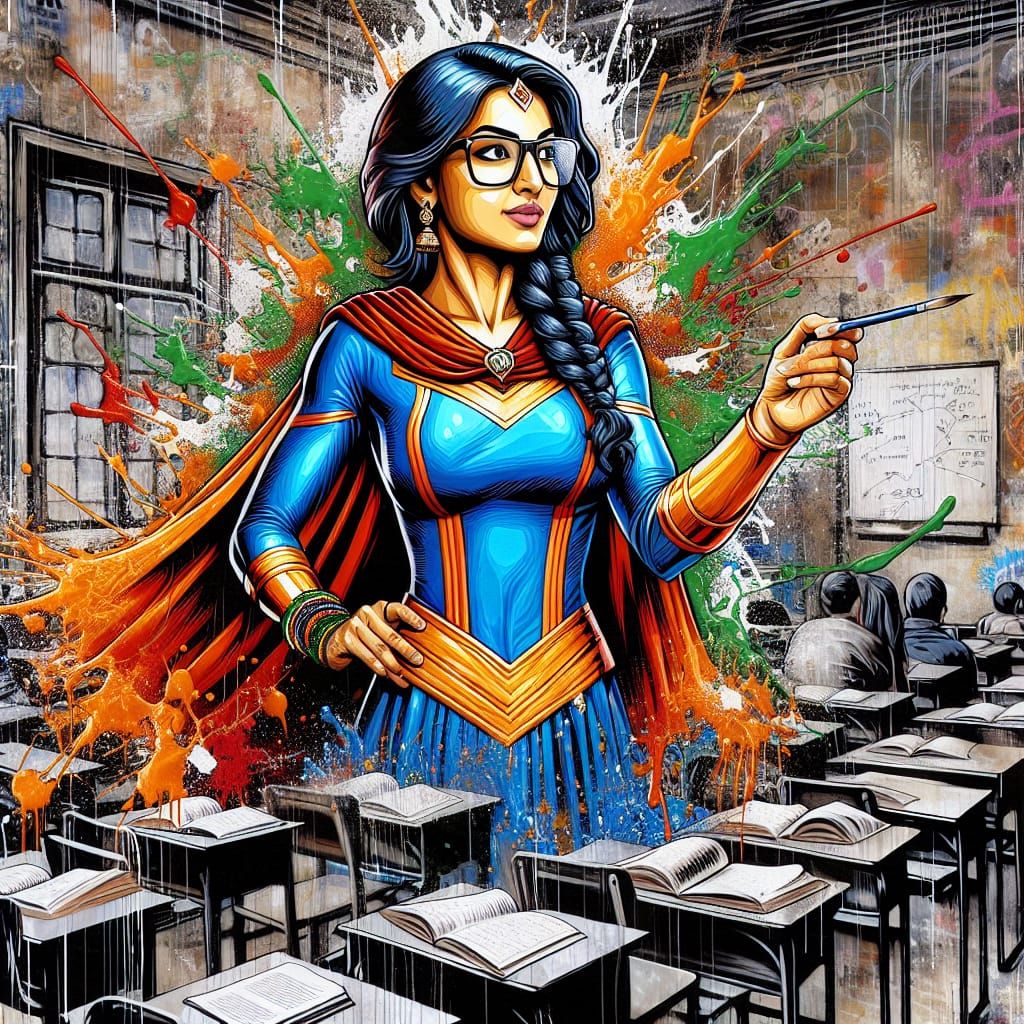 Super heroine teacher teaching clases in the classroom