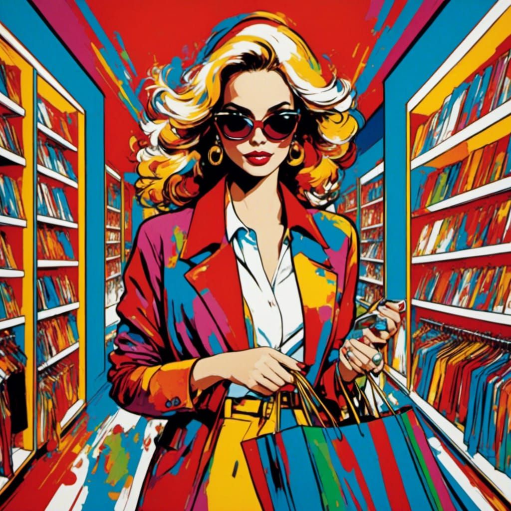 <lora:Pop Art style:1.0> woman shopping at the mall, style Pop art by Peter Max"