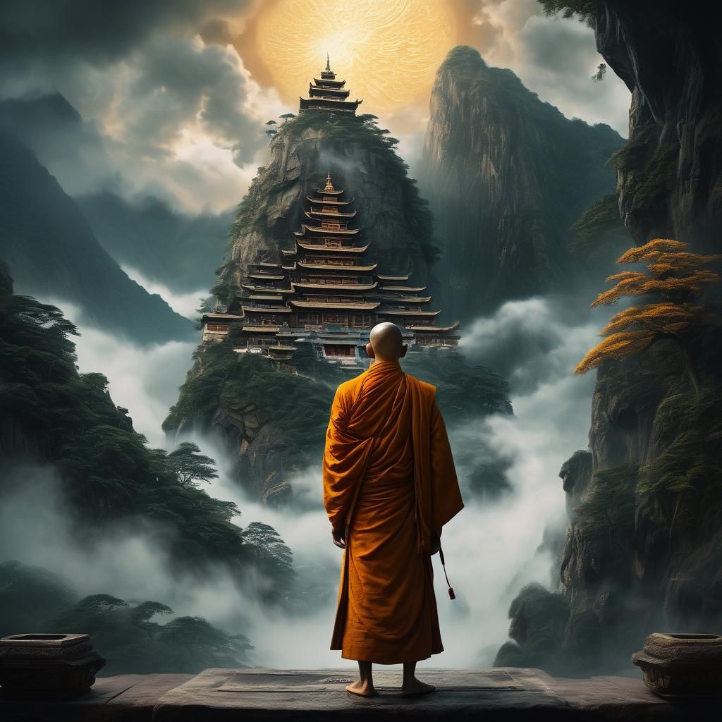 Buddhist Monk in Mountain Temple: Cinematic Oil Painting