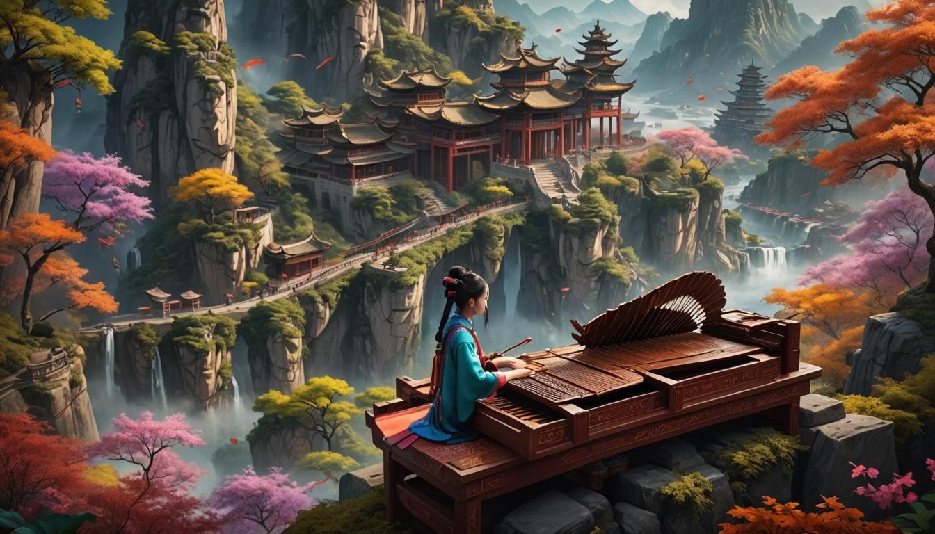 a beautiful colorful china  panaromic view landscape. a fema...
