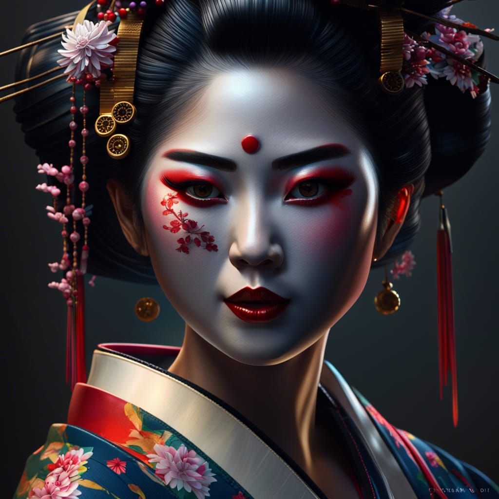 A beautiful Geisha,hyper realistic facial features, intricate detail ...