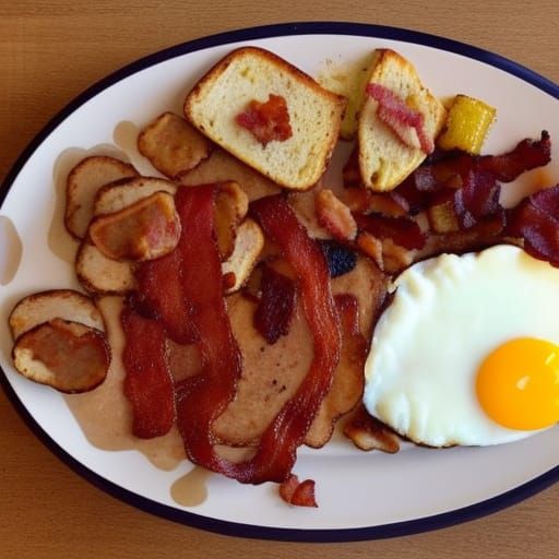 Big table with breakfast sausage bacon ostrich egg toast - AI Generated ...