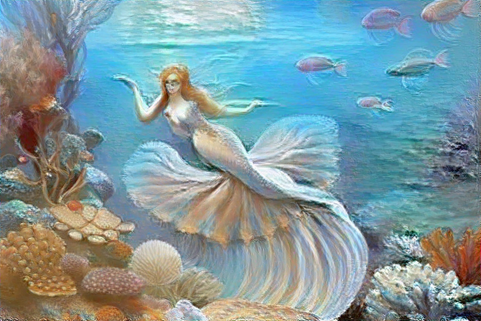 Beautiful Mermaid At The Coral Reef - 3769 - in the style of Zuni Moreno