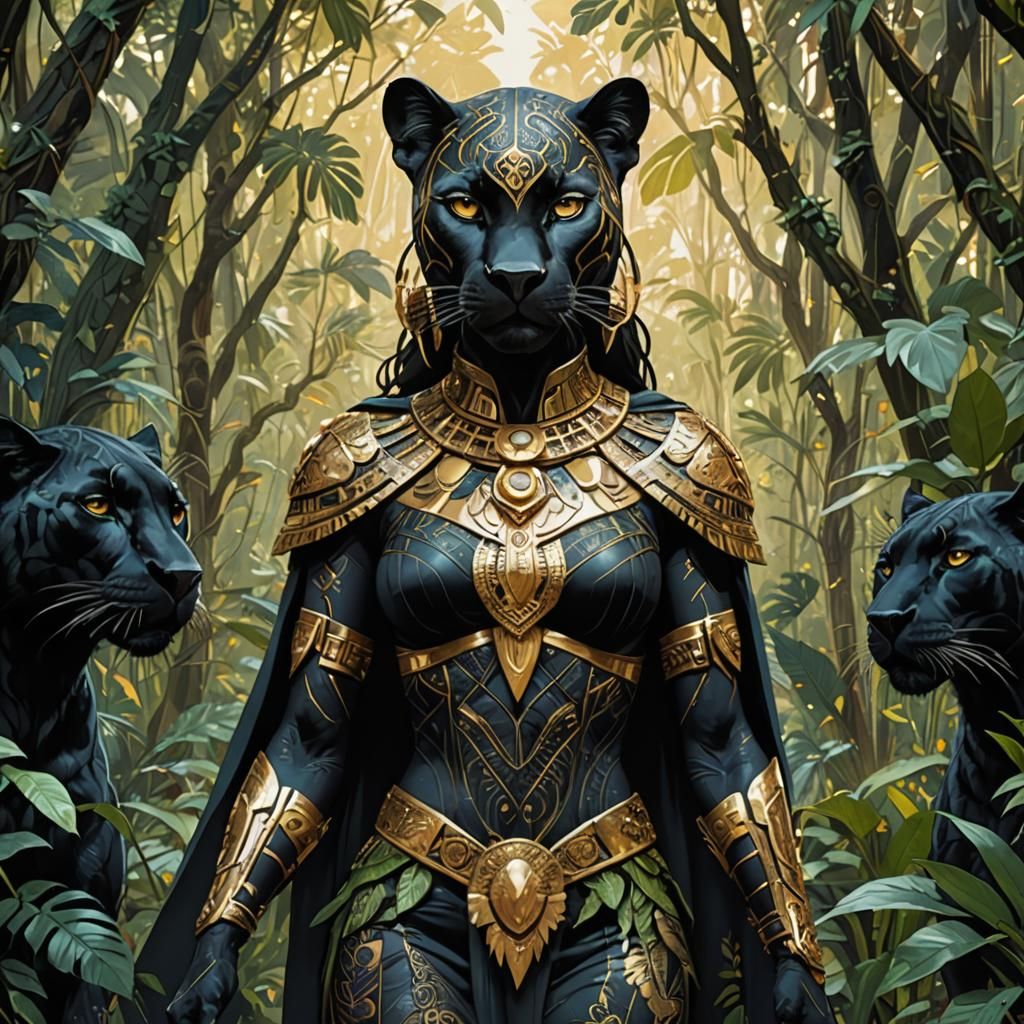 anthropomorphic female panther aztec warrior with the head of a black panther, standing in the jungle, wearing a cape, golden outlines, high...