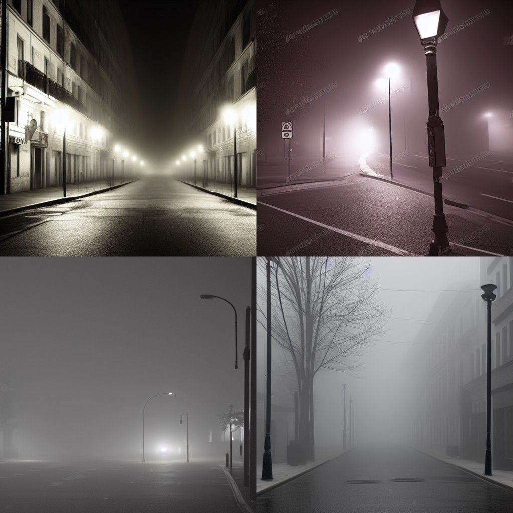 Empty street corner at night, only one street lamp, very fog...
