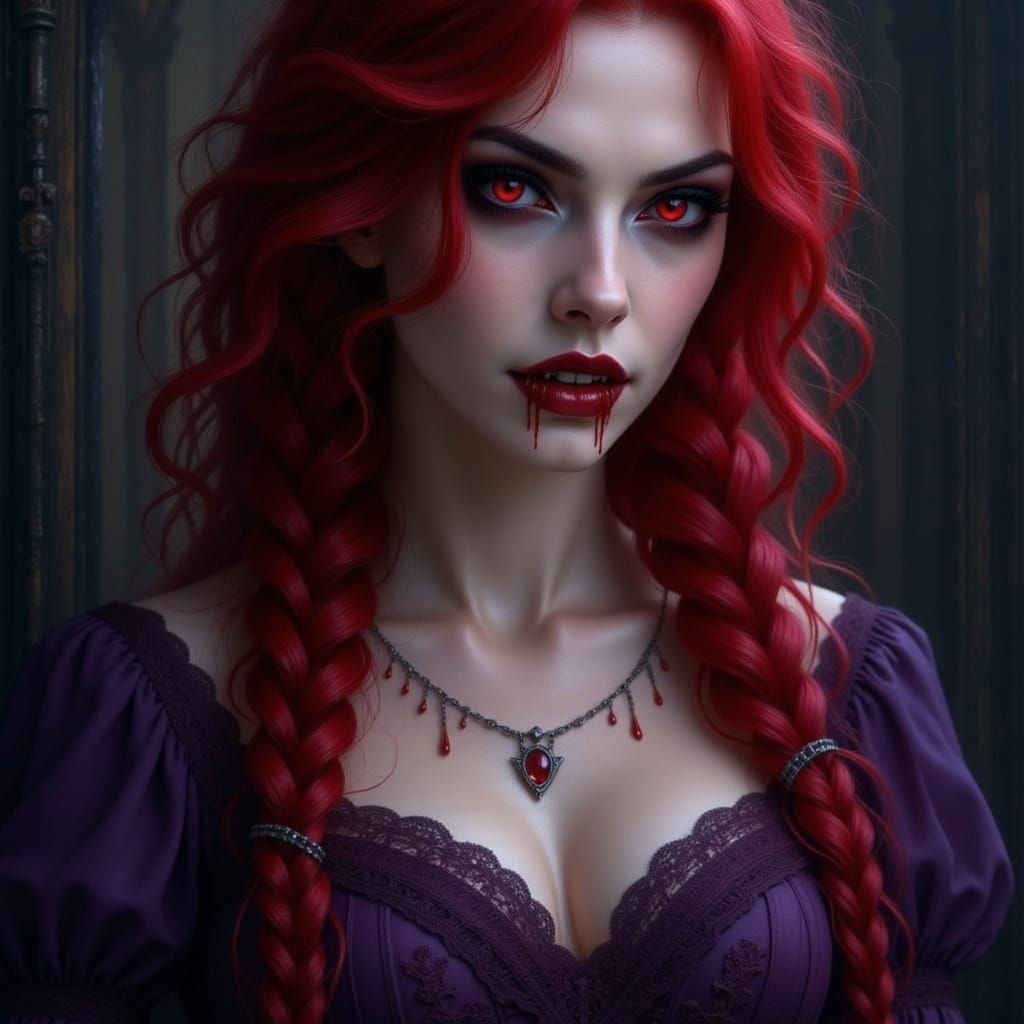 Red braided hair woman vampire with red eyes and blood drips.  Wearing a purple old fashioned gown. <lora:Elite Vampires:1.0>