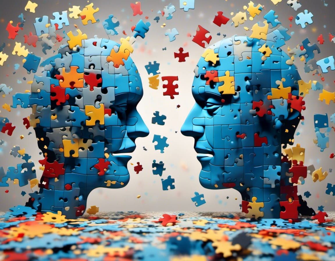 <lora:Jigsaw:1.0> Two heads facing each other made from jigsaw blocks and jigsaw pieces , jigsaw 3d sculpture of an exploding head, brains e...