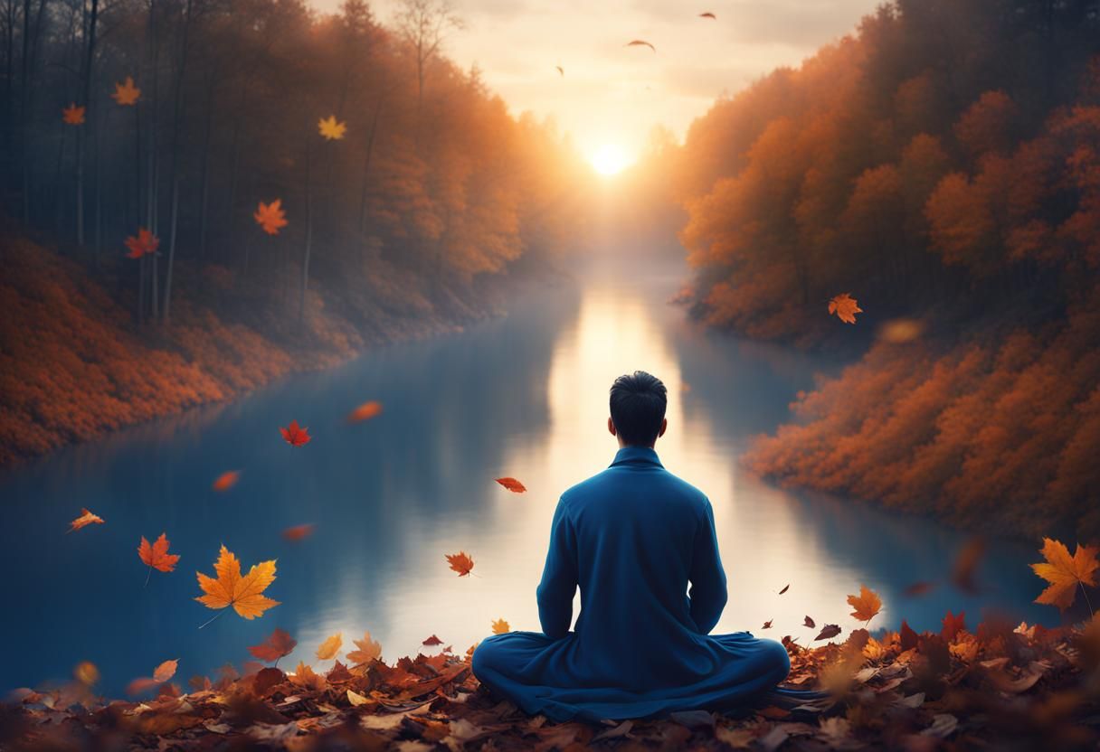 a dark hair man in blue sitting meditation, autumn forest, falling leaves, sunrise, view from behind, perfect compositio...