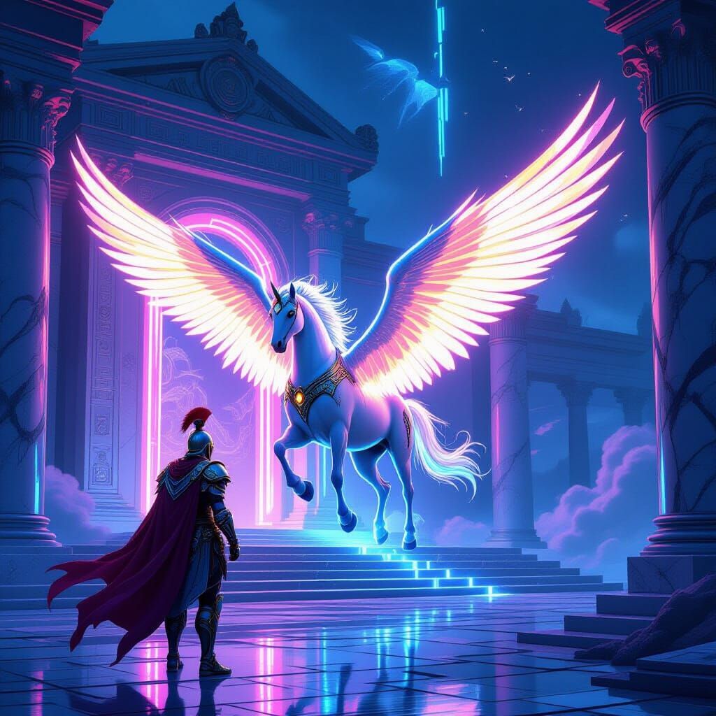 Imagine a timeline where ancient Greek gods coexist with advanced cybernetics. A majestic Pegasus, its wings augmented with glowing energy c...