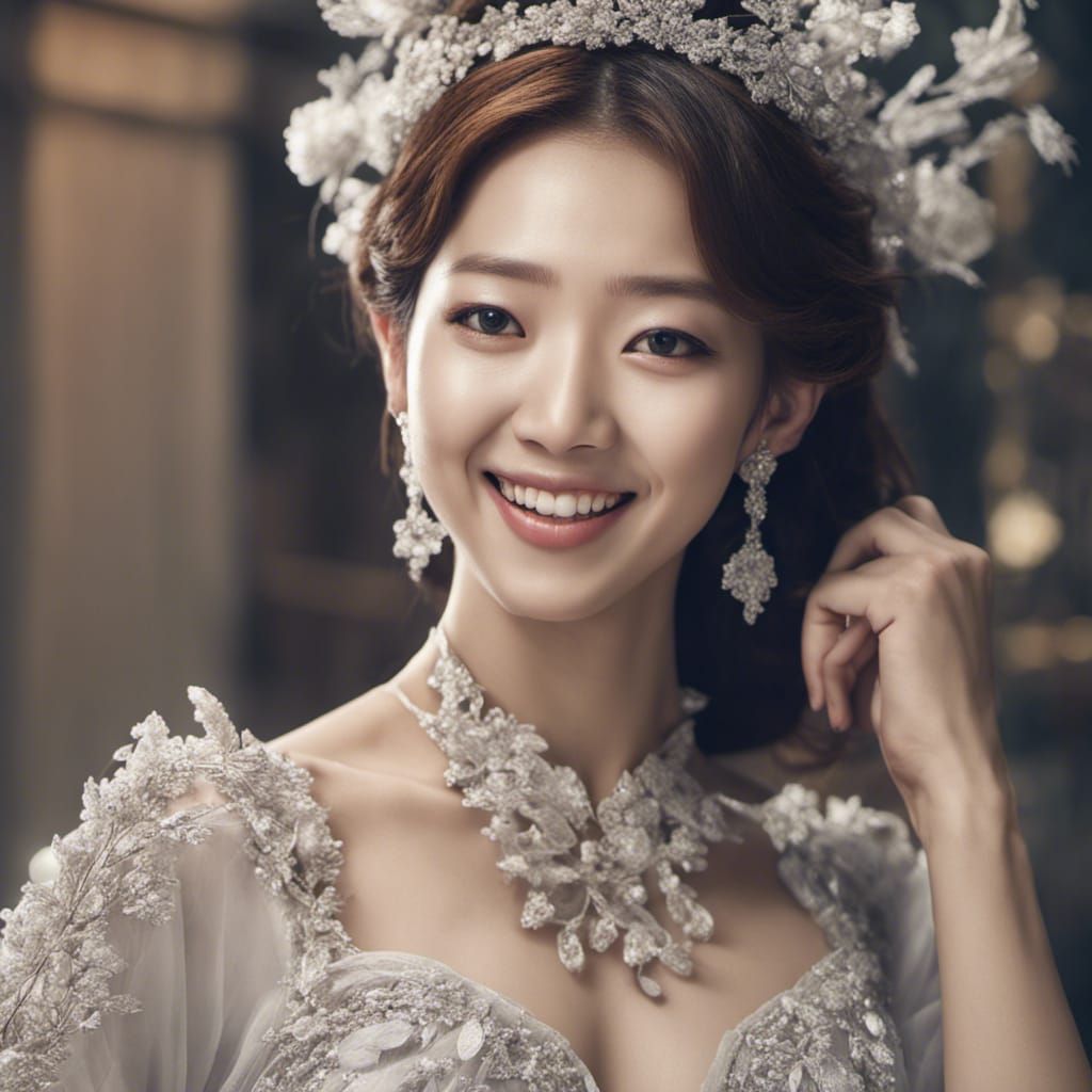 Park Shin Hye wearing a gown smiling - AI Generated Artwork