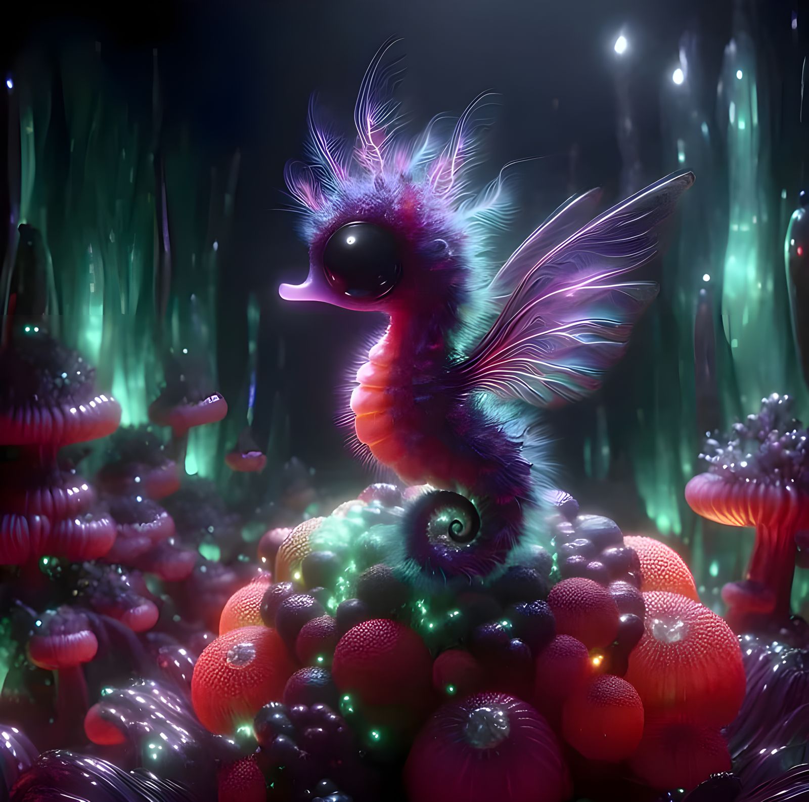 Teeny Tiny Red-Purple Fluffy Seahorse