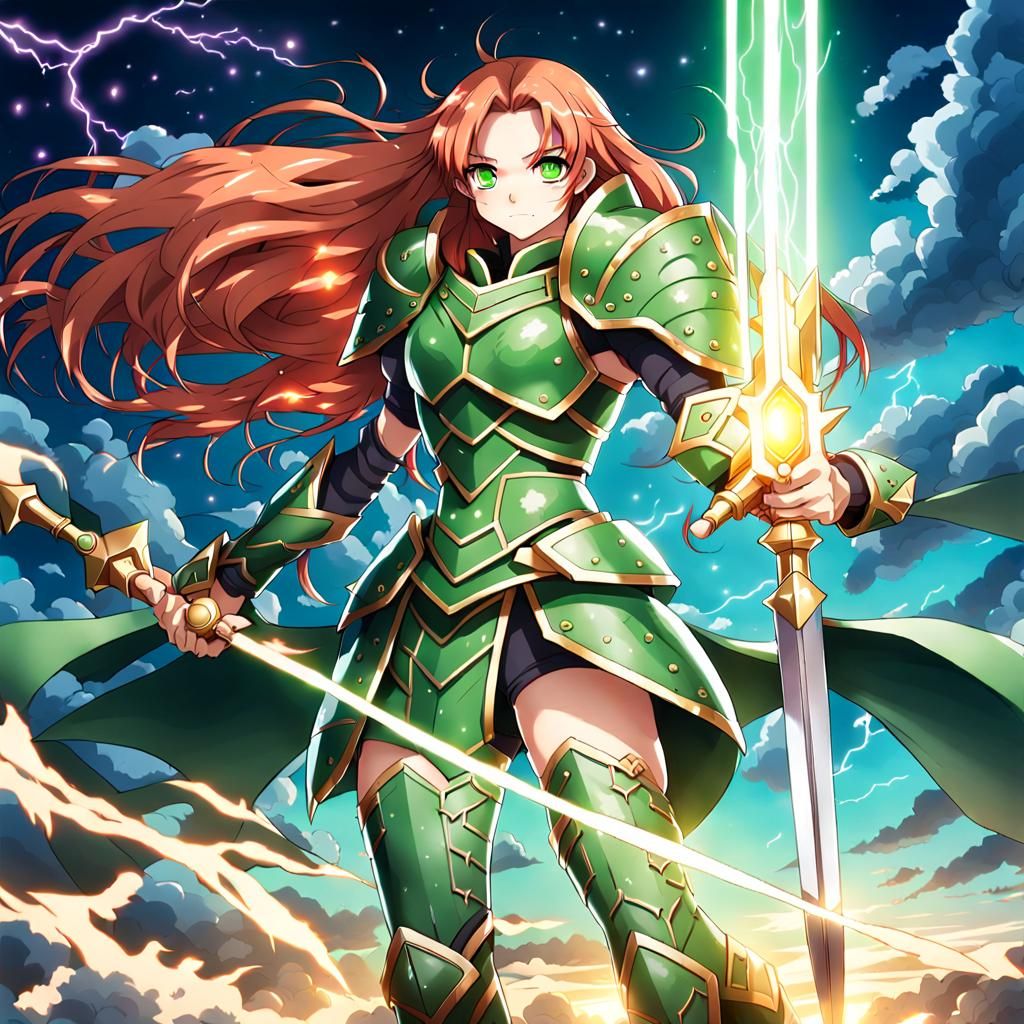 Full body female warrior in perfect figure with long ginger ...
