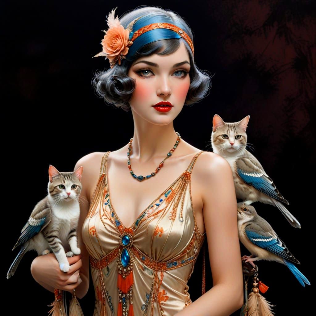 Vintage-Inspired Flapper Girl Surrounded by Whimsical Creatu...