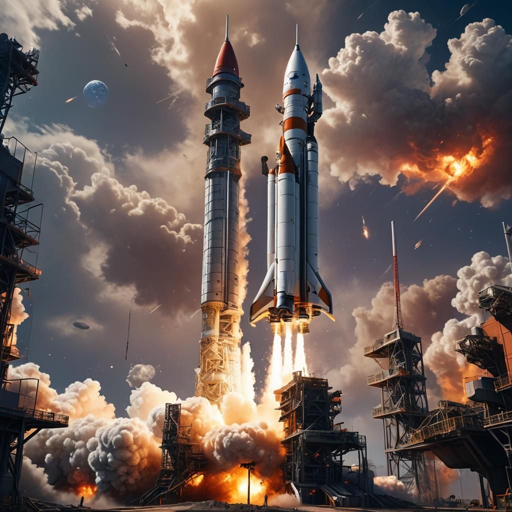 A realistic rocket about launch ready on the launch pad deta...