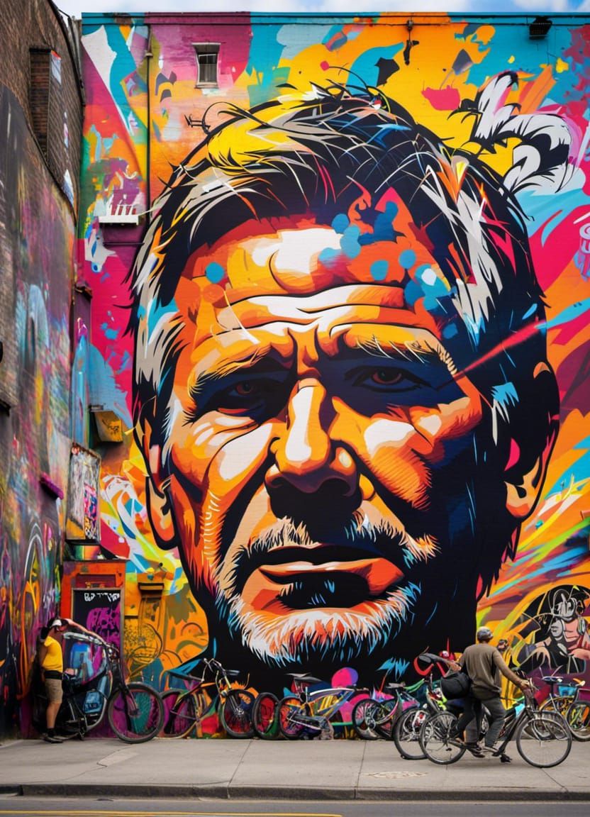 An electrifying graffiti mural featuring Harrison Ford as an urban hero, surrounded by vibrant