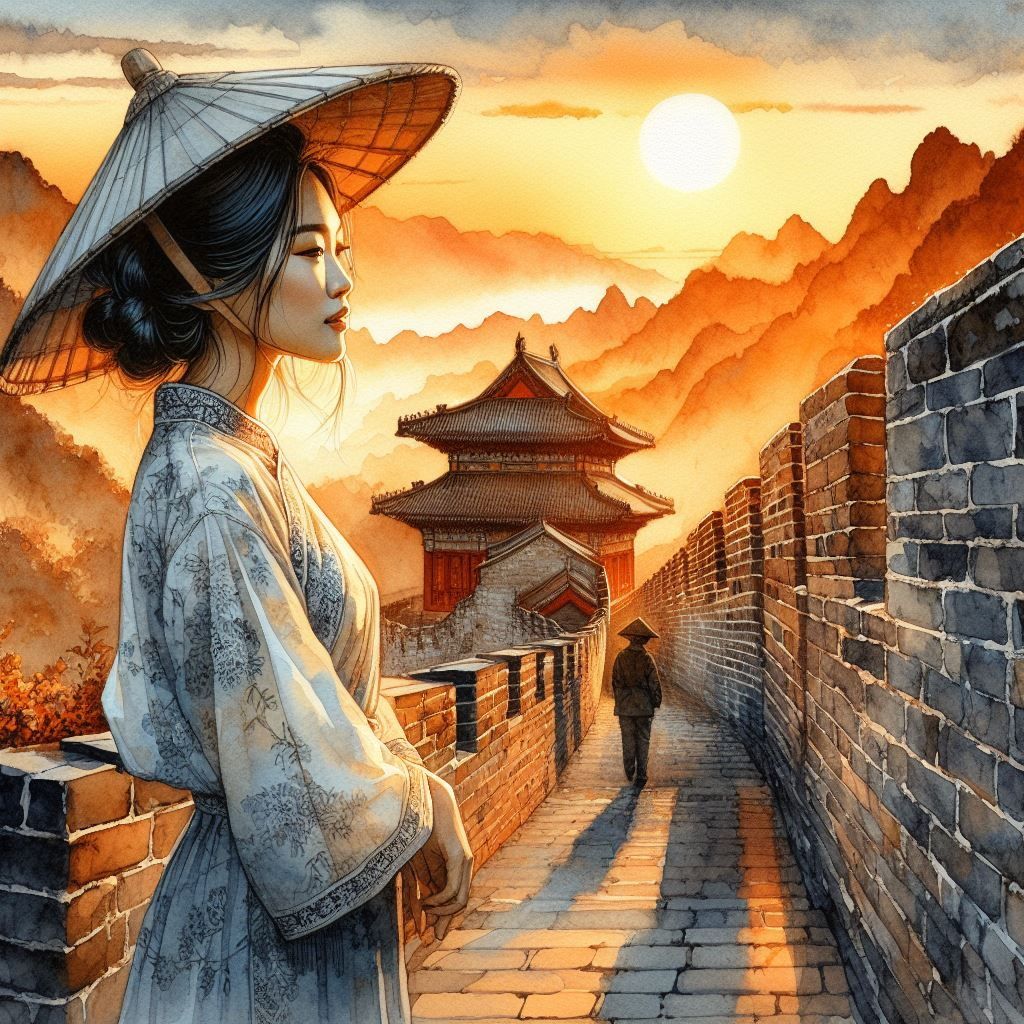 Stunning watercolor painting, Young Asian Woman on the chineese wall