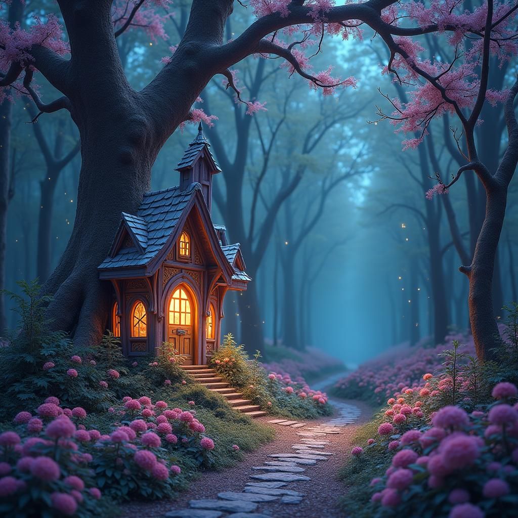 A world of magic in an enchanted forest with homes, trees, fairies like Tinkerbell. Filled with vivid colours and a mystical glowing feeling...
