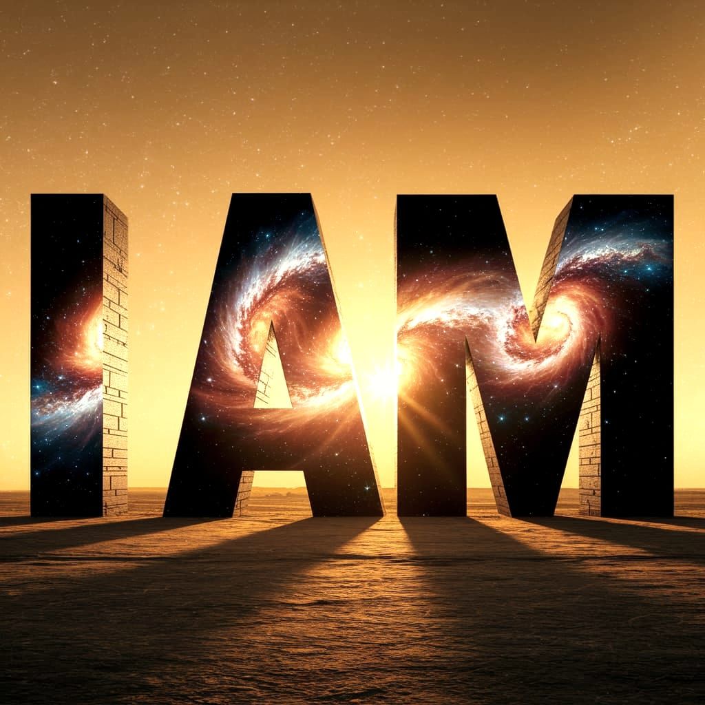 The words "I am" in bigiblock letters. Inside the letters is the stars of a universe 