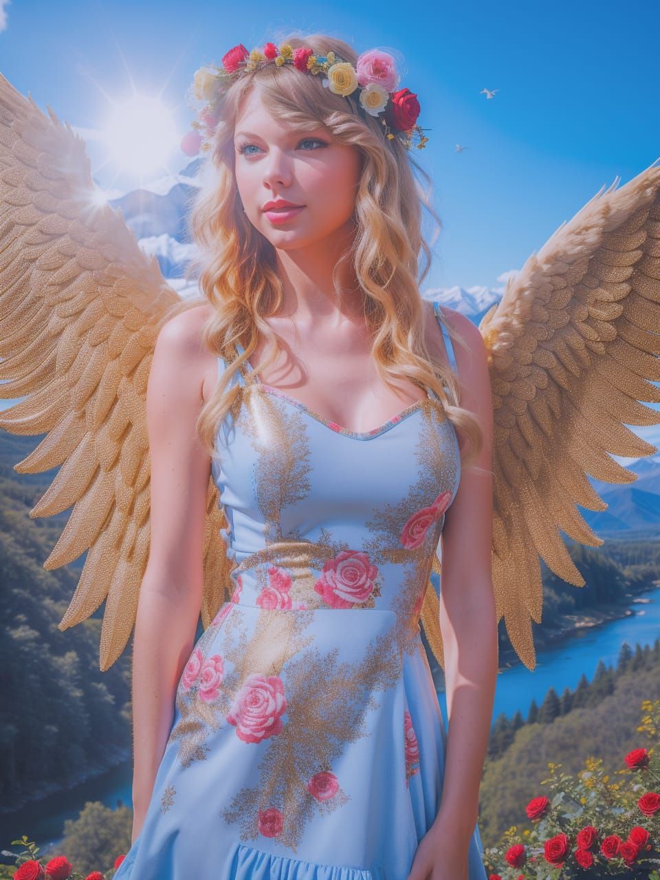Taylor as a Golden Angel Standing Atop a Mountain