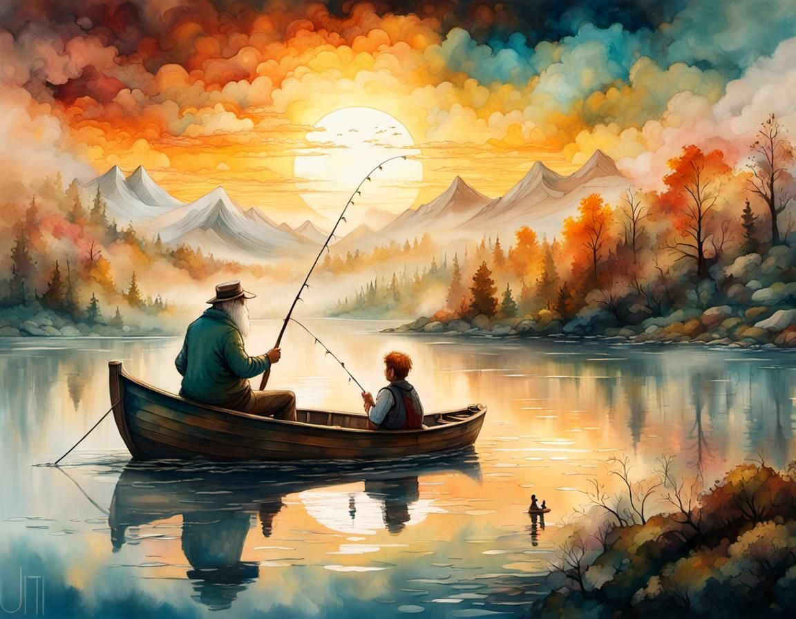 Old man and boy fishing at golden hour - AI Generated Artwork ...