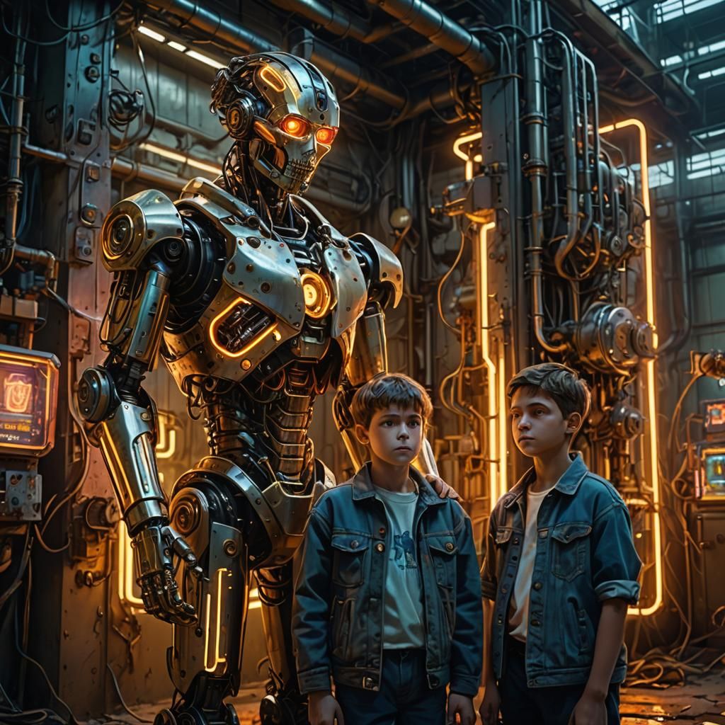 Two brothers under the supervision of a robot in a workshop ...