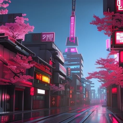 Japanese cyberpunk street scene, cherry blossom trees are be...