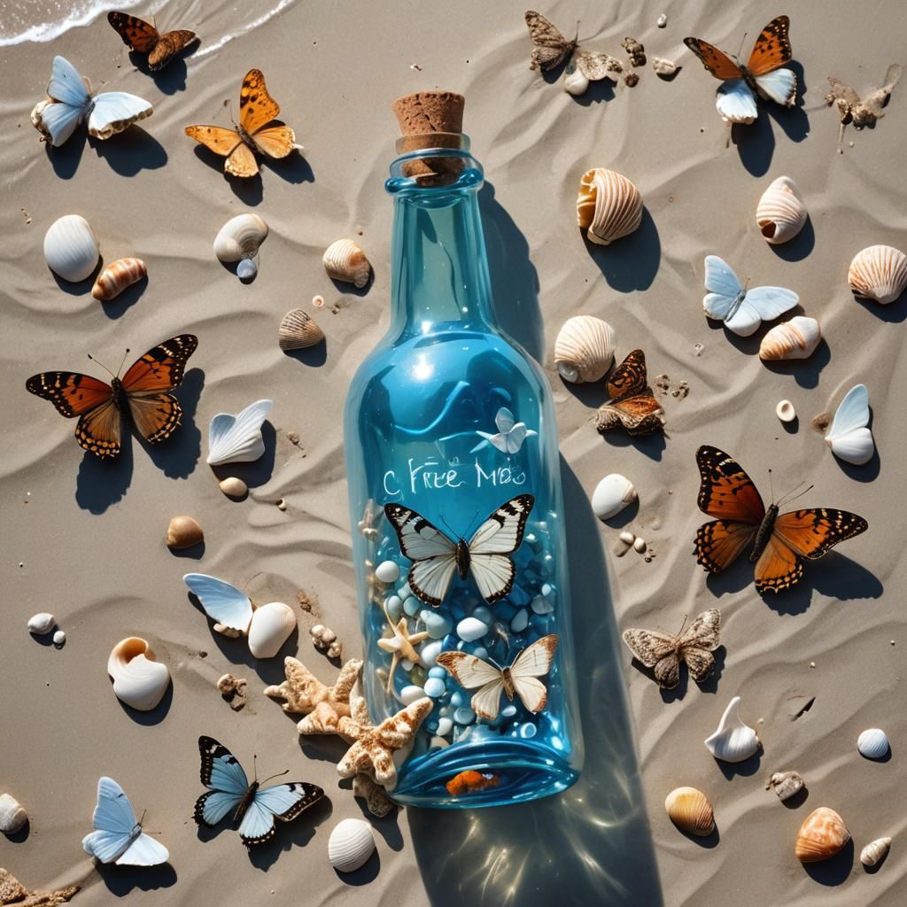 Glass bottle message ( "FREE   ME ") & beautiful butterflies...