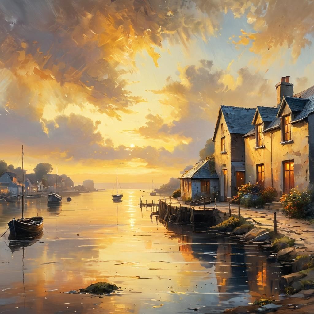 A tranquil seaside village at sunset, painted in an impressi...