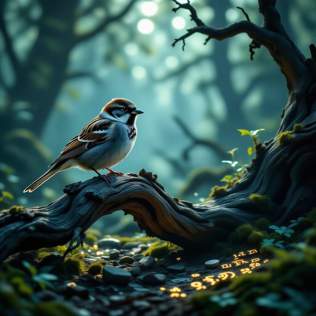 A lone sparrow perched on a gnarled, ancient tree branch, its feathers ruffled by an unseen wind. The forest floor is carpeted with glowing ...
