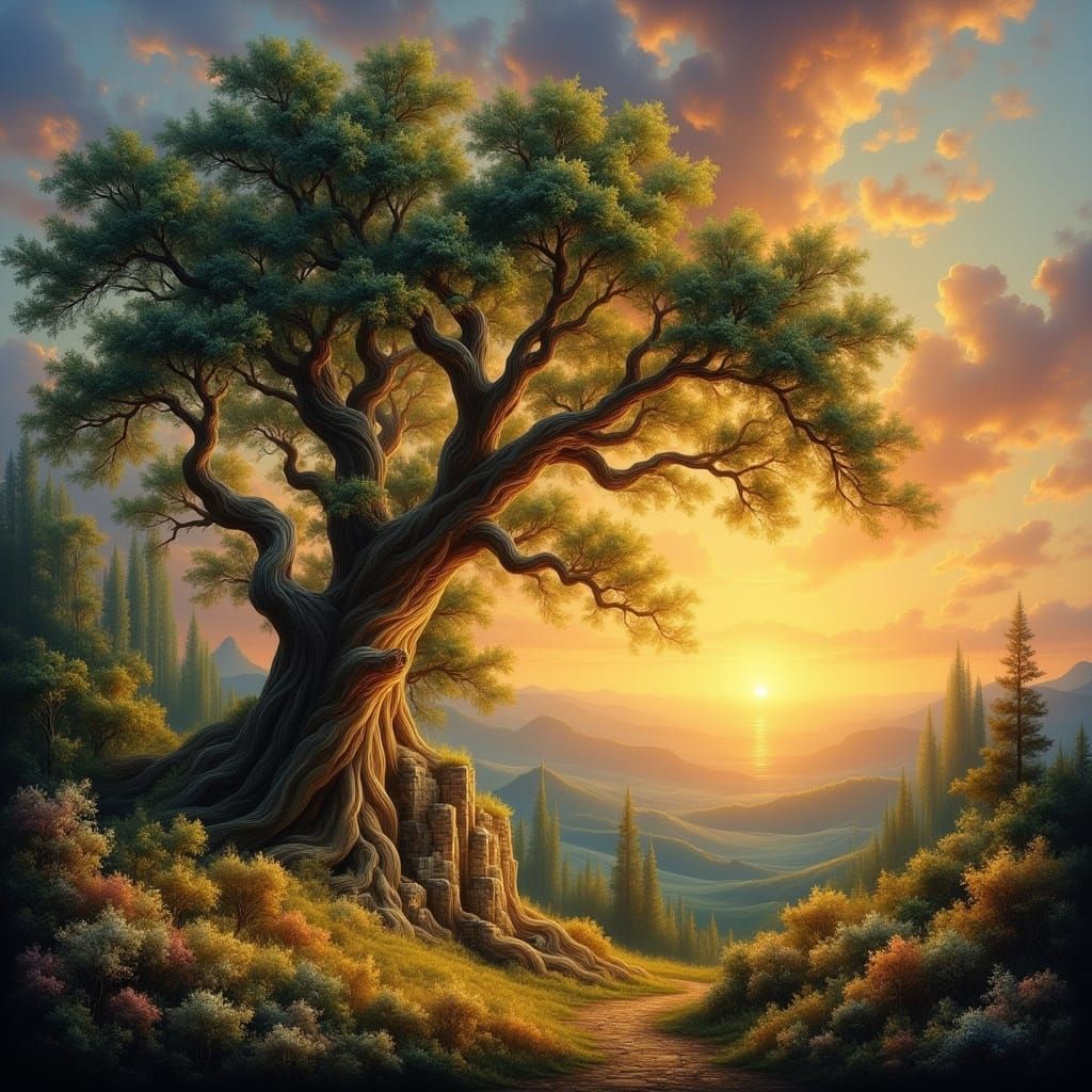 Landscape in detailed brushwork masterwork painting, a mighty oak tree, fantasy landscape, rich colors, deep colors, far vistas, spectacular...
