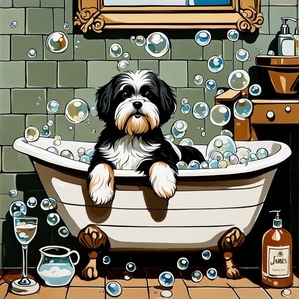 black and white lhasa apso dog in a bathtub full of bubbles, with a tri