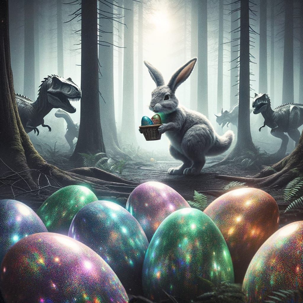 adobe photoshop solarized effect easter bunny stealing dinosaur eggs while the dinosaurs lurk around ...  by @Mozauch-hua the clown