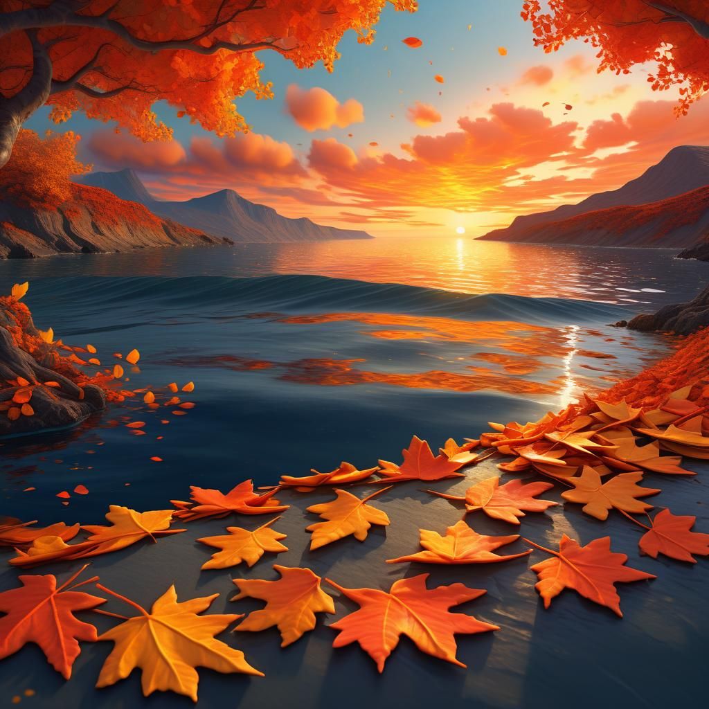 Autumn Leaves Mirroring Sunset, Fantasy Concept Art