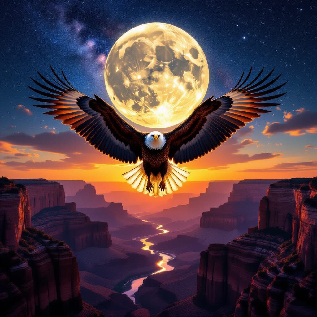 Eagle Soaring in Starry Sky Double Exposure