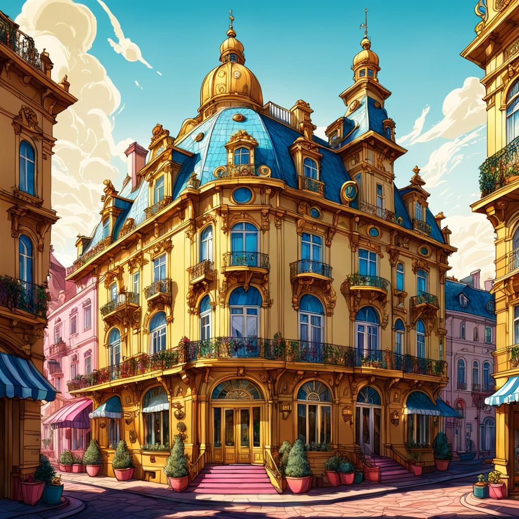 Surreal Baroque Hotel in Whimsical Candy Art Style