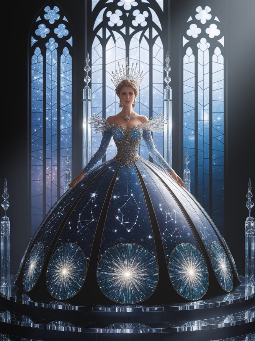 A stunning regal queen stands on a crystalline throne, wearing an opulent ballgown entirely constructed from shimmering, stained glass panel...