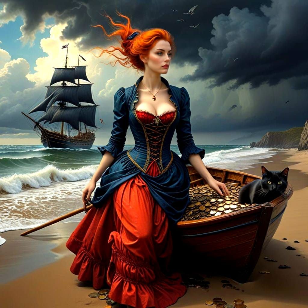 Surreal Stormy Seascape with Mysterious Lady and Black Cat