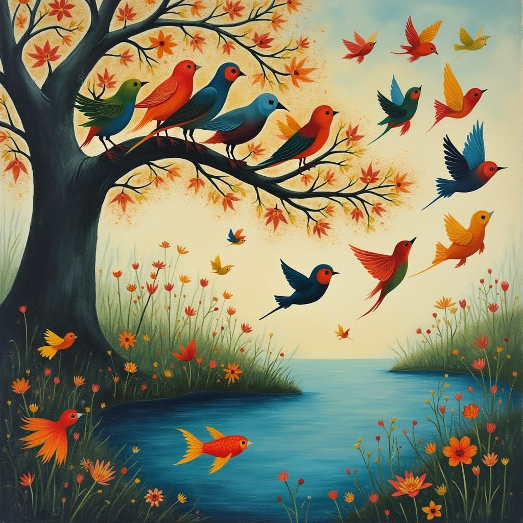 Fish and Flowers morphing into Birds, then taking flight to enjoy the summer day