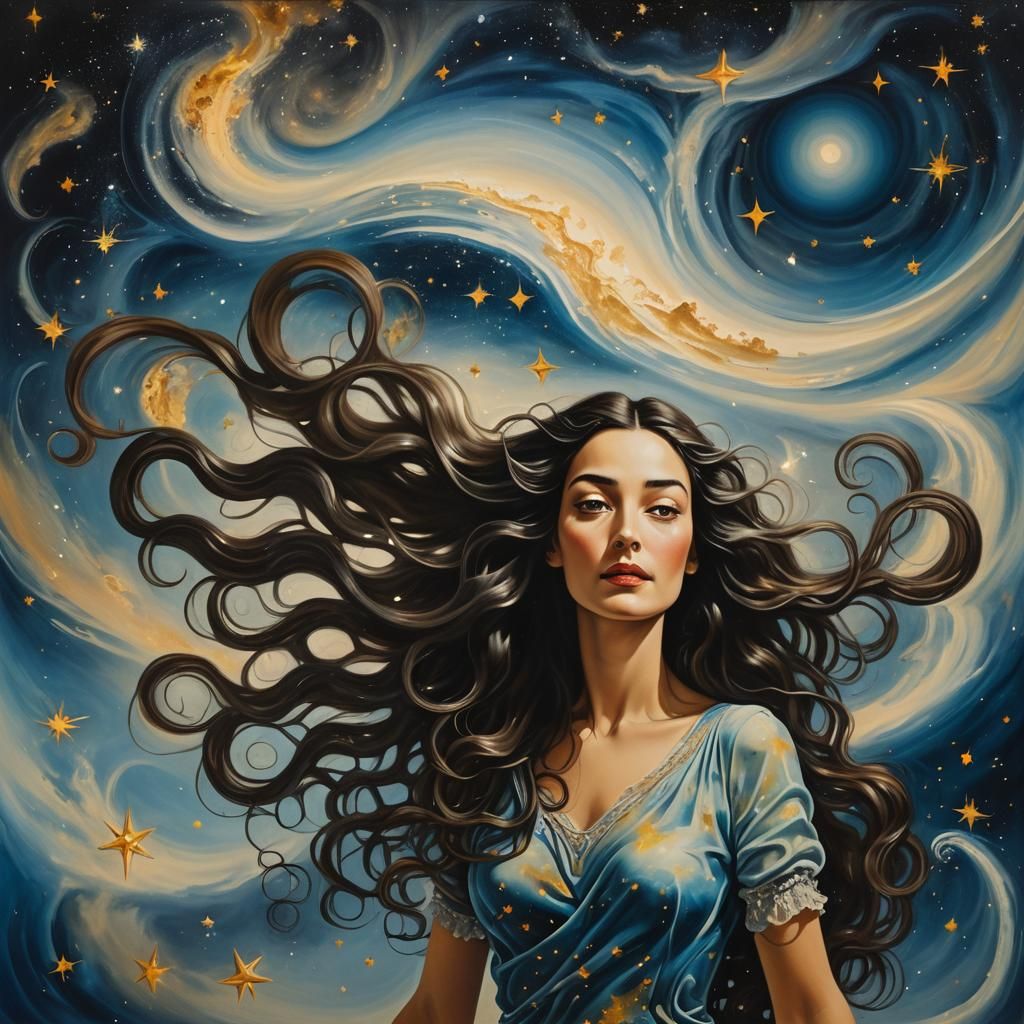 A beautiful woman with long dark wavy hair. She is floating ...