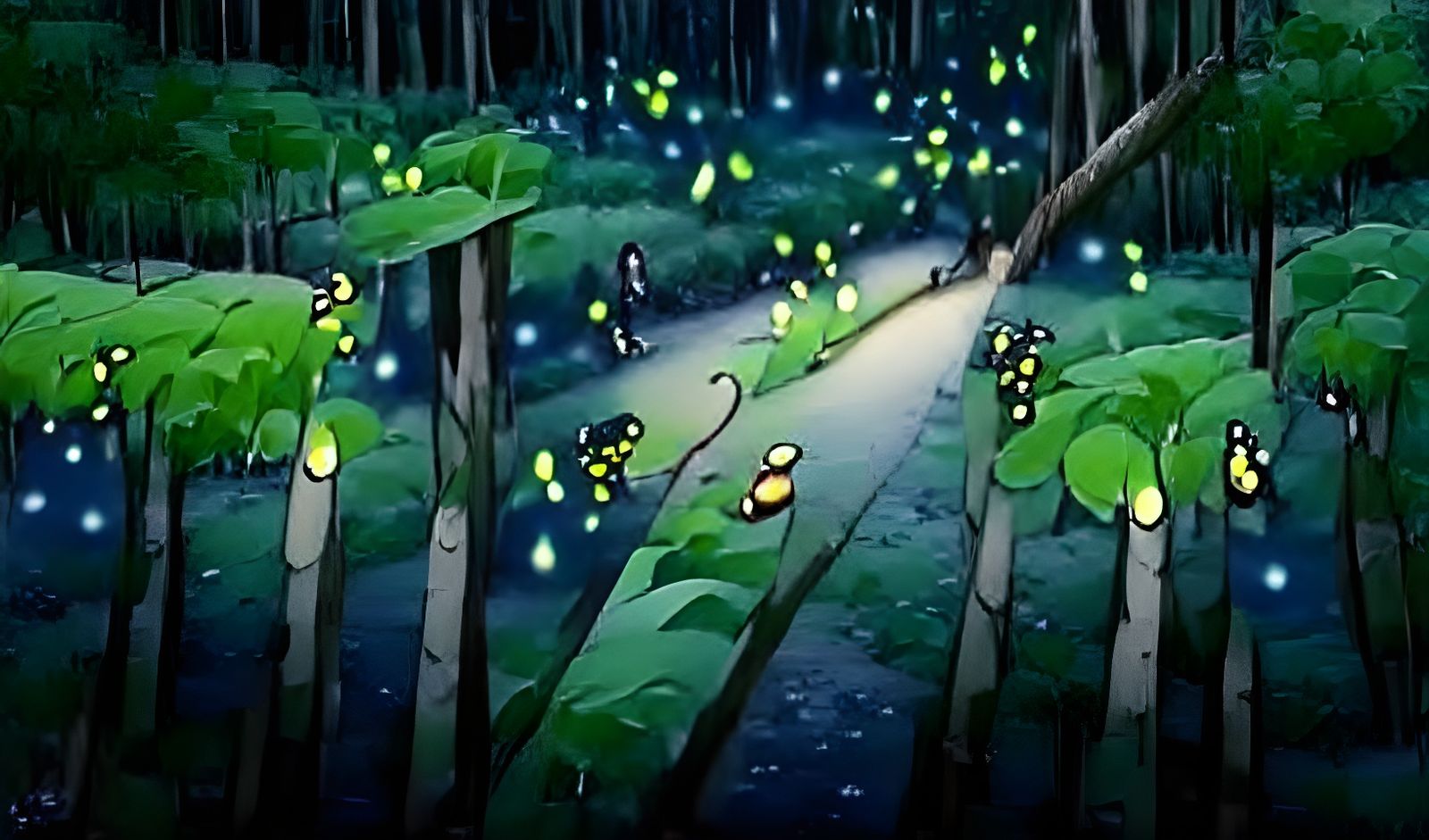anime scene showing fireflies glowing in the dark by the forest pathway -  AI Generated Artwork - NightCafe Creator