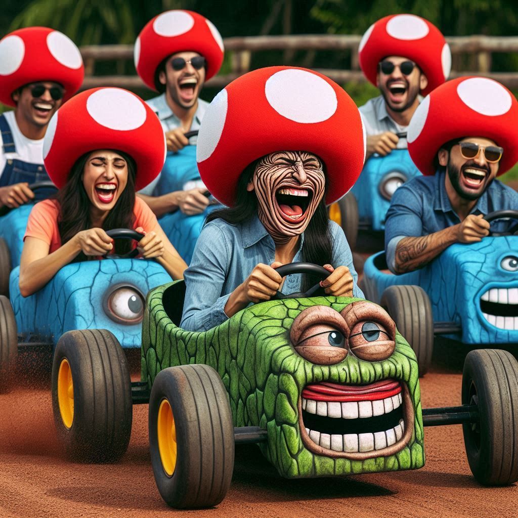 the crazy mushroom races in a car in the shape of a creeper and beats the other participants laughing madly