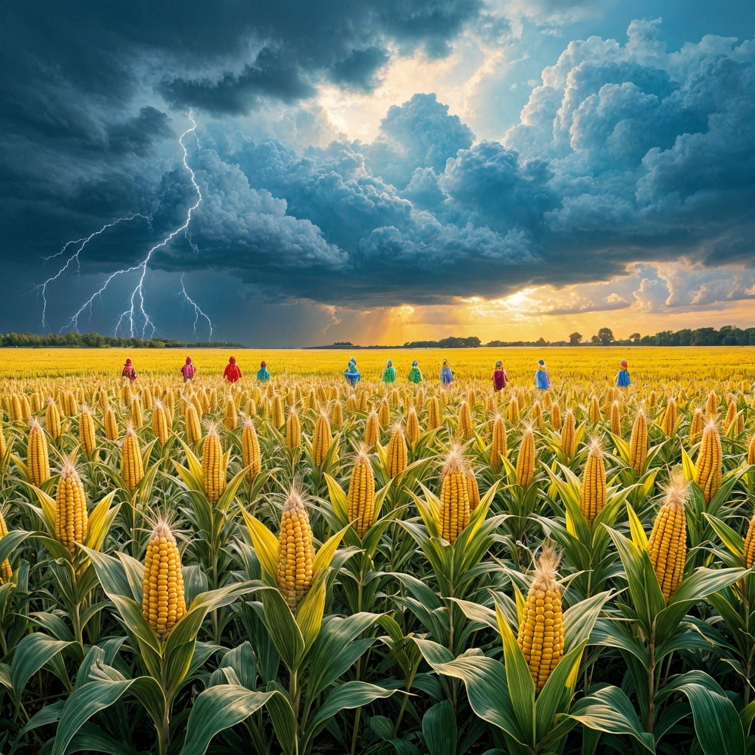 Make the sky more interesting with a storm blowing in.  Make the strange people iridescent.  Make the corn ears more yellow with silk coveri...